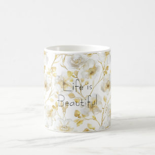 Caneca De Café Lindas Flores Brancas Douradas