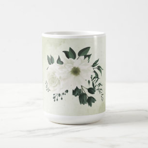 Caneca De Café Lindas flores brancas folhas verdes