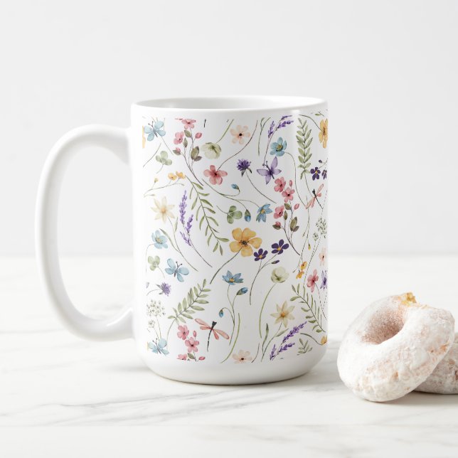 Caneca De Café Lindas flores de aquarela e borboletas (Com Donut)
