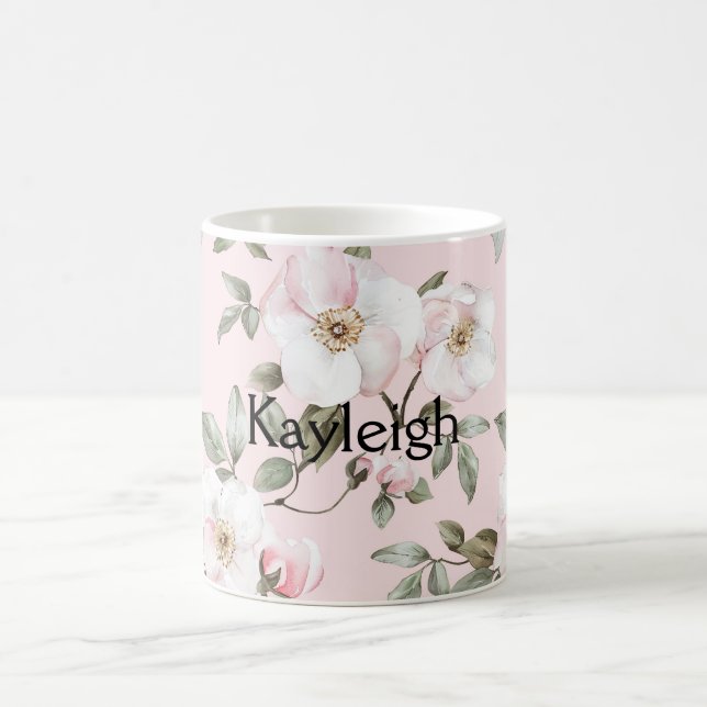 Caneca De Café Lindas Flores Rosa Bege Branco  (Centro)