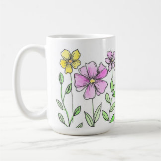 Caneca De Café Lindas Flores Rosa e Amarelo em Aquarela
