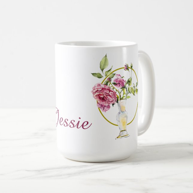 Caneca De Café Lindas Rosas Rosa e Vase (Frente Esquerda)