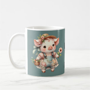 Caneca De Café Lindinho Porquinho em Macacão Cottagecore Pastel