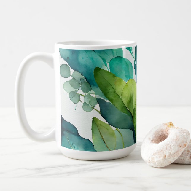 Caneca De Café Lindo, Abstrato Turquesa, Verde, Esmeralda, Botâni (Com Donut)
