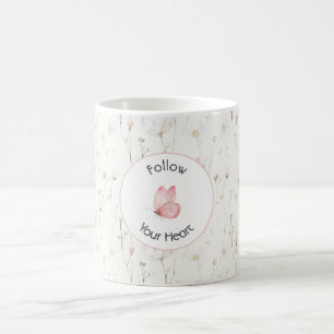 Caneca De Café Lindo Borboleta Floral Rosa Bege