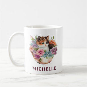 Caneca De Café Lindo Gato Calico e Flores em Aquarela