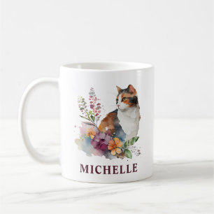 Caneca De Café Lindo Gato Calico e Flores em Aquarela