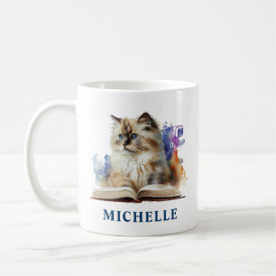Caneca De Café Lindo Gato Ragdoll em Aquarela e Flores Azuis