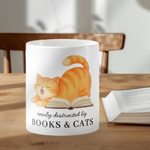 Caneca De Café Lindo Gato Ruivo Bibliófilo com Dito Divertido