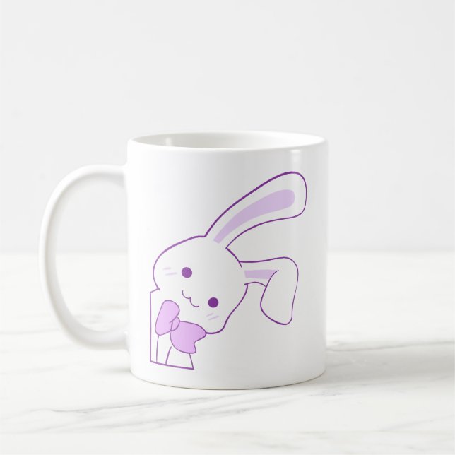 Caneca De Café Lindo Kawaii Coelho Roxo Espiando com Laço (Esquerda)