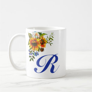Caneca De Café Lindo Monograma Azul com Girassóis Rústicos