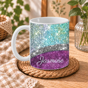Caneca De Café Lindo monograma falso brilhante roxo iridescente a