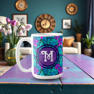 Caneca De Café Lindo Roxo e Azul Turquesa Floral Personalizado