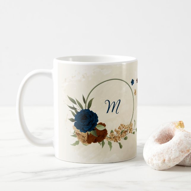 Caneca De Café Lindo tom de terra azul naval floral (Com Donut)