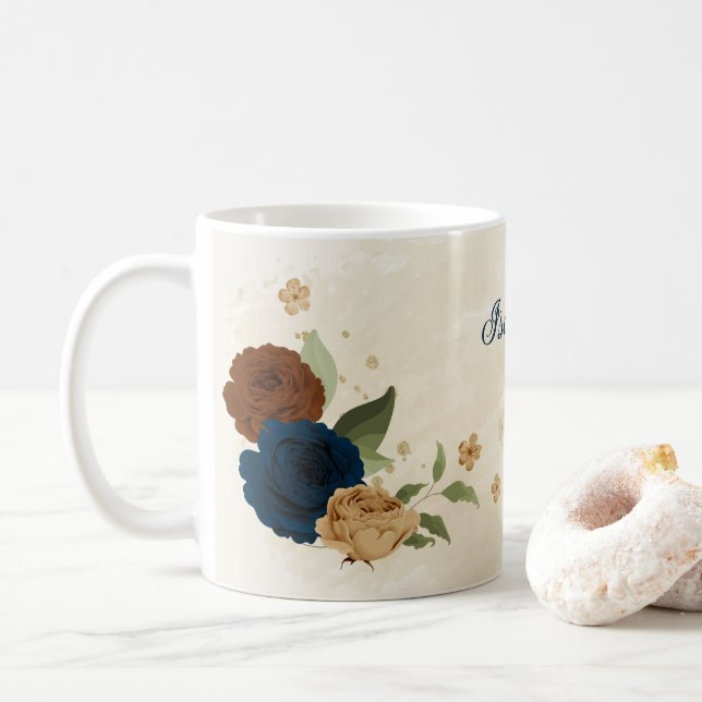 Caneca De Café Lindo tom terroso floral navy (Com Donut)