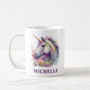 Caneca De Café Lindo Unicórnio de Fantasia em Aquarela e Flores