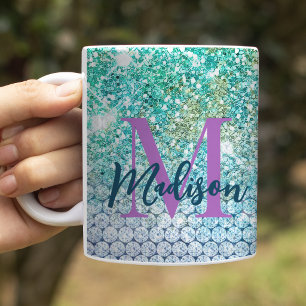 Caneca De Café Lindo unicórnio turquesa monograma falso brilho