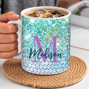 Caneca De Café Lindo unicórnio turquesa monograma falso brilho