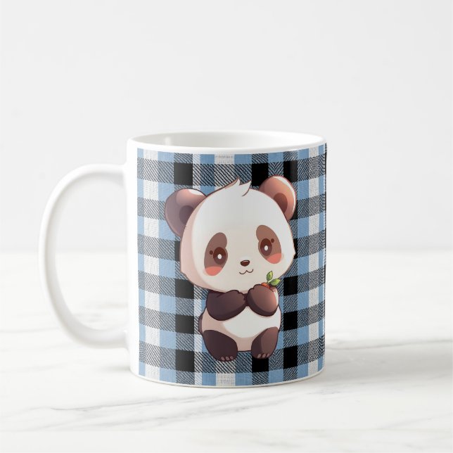 Caneca De Café Lindo Urso Panda Kawaii Xadrez Azul Búfalo (Esquerda)
