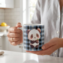Lindo Urso Panda Kawaii Xadrez Azul Búfalo