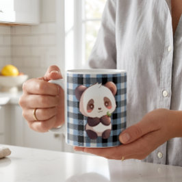Caneca De Café Lindo Urso Panda Kawaii Xadrez Azul Búfalo