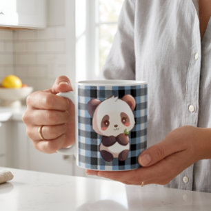 Caneca De Café Lindo Urso Panda Kawaii Xadrez Azul de Búfalo