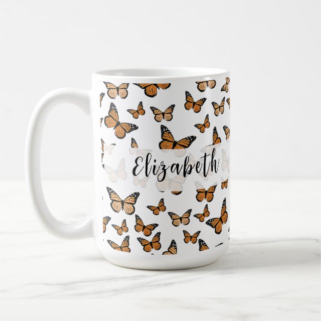 Caneca De Café Lindos Borboletas Laranjas Nome Personalizado  (Esquerda)
