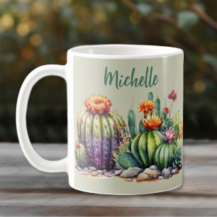 Caneca De Café Lindos Cactos Flores Com Nome