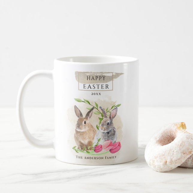 Caneca De Café Lindos Coelhos de Páscoa | Feliz Páscoa Arte Aquar (Com Donut)