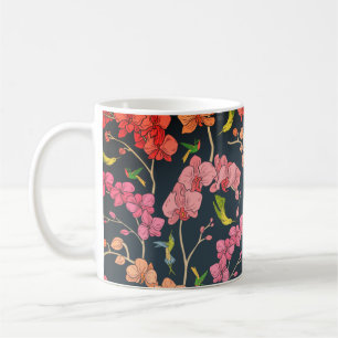 Caneca De Café Lindos padrões de aves e orquídeas