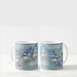 Caneca De Café Lindos Passarinhos Azuis Aquarela Personalizado