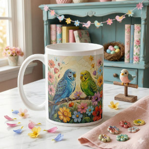 Caneca De Café Lindos Periquitos Azuis e Verdes Personalizados