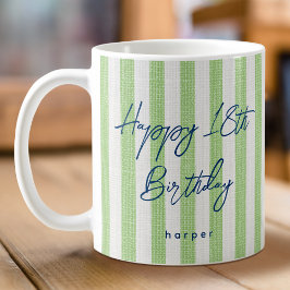 Caneca De Café Linen Look Striped Feliz Aniversário 18º Verde