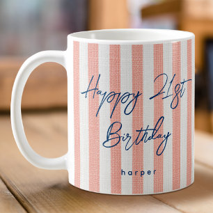 Caneca De Café Linen Look Striped Feliz Aniversário 21 Coral rua