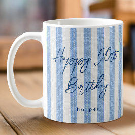 Caneca De Café Linen Look Striped Happy Birthday 50th Blue