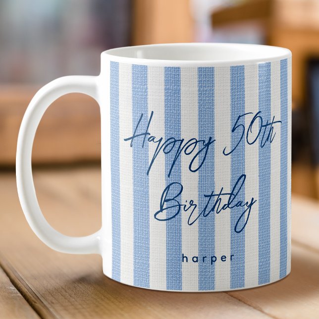 Caneca De Café Linen Look Striped Happy Birthday 50th Blue (Criador carregado)