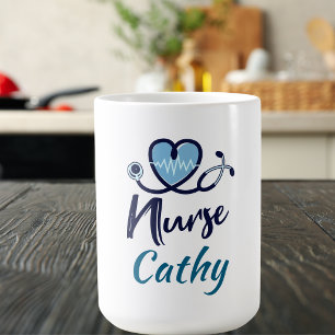 Caneca De Café Linha de Vida Fofa Enfermeira Coração Azul Persona