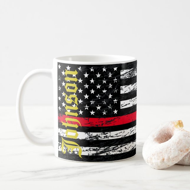 Caneca De Café Linha Vermelha fina de bombeiro (Com Donut)