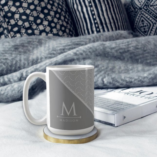 Caneca De Café Linhas Curvas de Onda Geométrica Negra e Cinza Mod (Criador carregado)