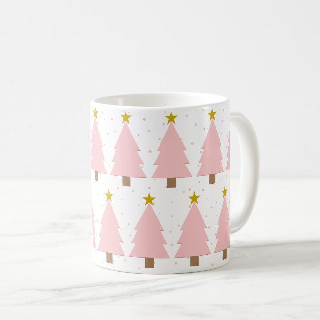 Caneca De Café Linhas de Árvores de Natal Rosa Elegante, Estrelas (Frente Esquerda)