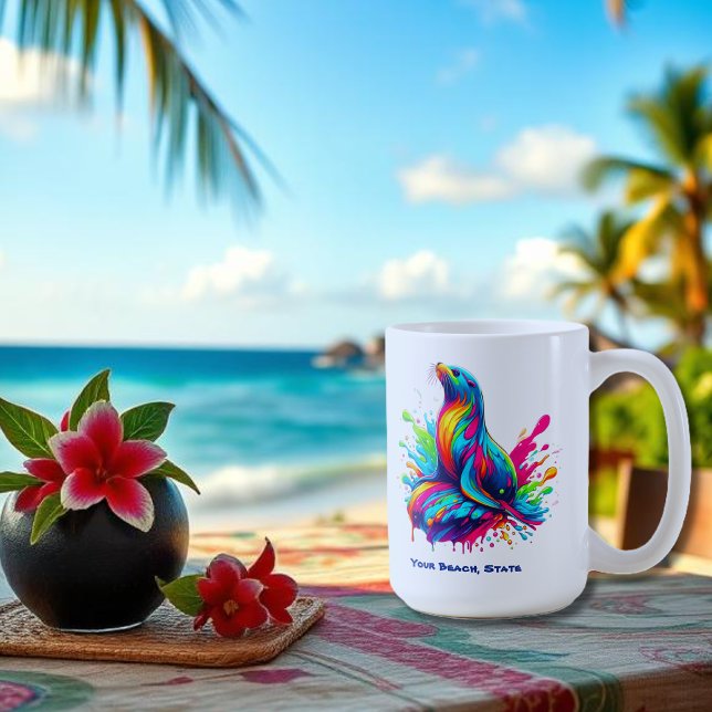 Caneca De Café Lion do Mar Colorido (Colorful Sea Lion Splash-Fisherman Core-Dopamine Dressing-Summer Mug-Beach Mug)
