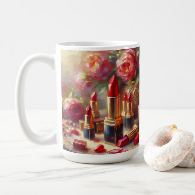 Caneca De Café Lipstick e flores - pintura impressionista (Com Donut)