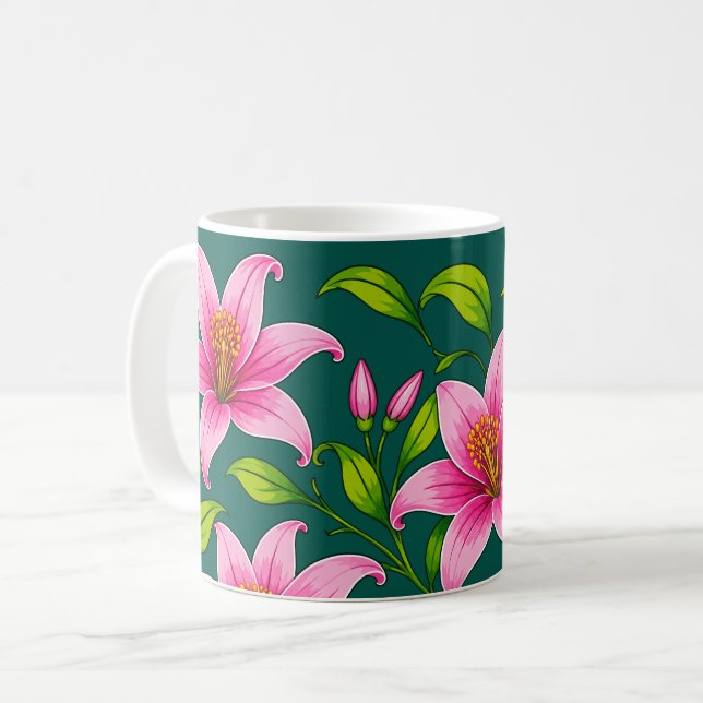 Caneca De Café Lírio Rosa Elegante Floral com Folhagem Verde (Frente Esquerda)