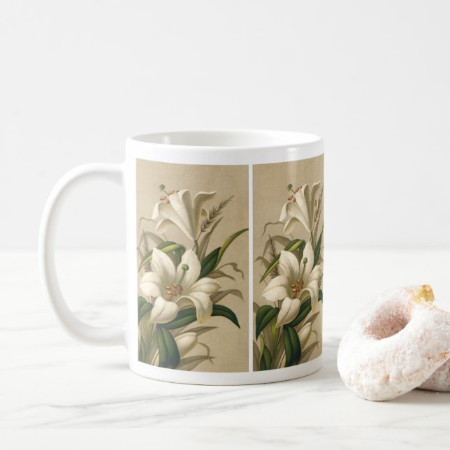Caneca De Café Lírios de Páscoa Antigos, Flores Vitorianas em Flo (Com Donut)