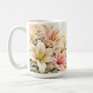 Caneca De Café Lírios Elegantes em Aquarela em Bege e Coral