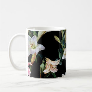 Caneca De Café Lírios florais: pintura preta de fundo