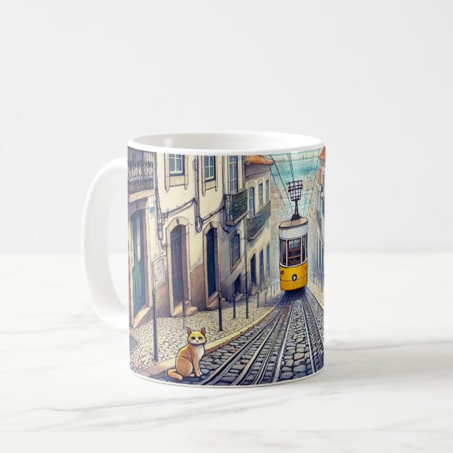 Caneca De Café Lisboa Portugal Bica Funicular com Cat (Frente Esquerda)