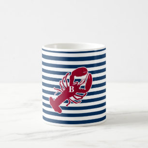 Caneca De Café Listra branca azul do monograma vermelho náutico