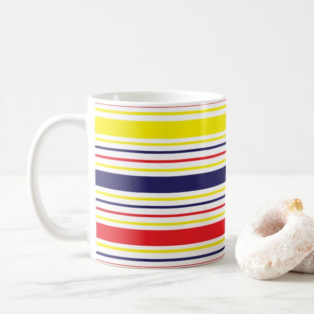 Caneca De Café Listras Amarelo Azul Vermelho  (Com Donut)