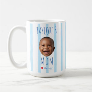 Caneca De Café Listras Azuis Foto Personalizada & Nome Bebê Rosto